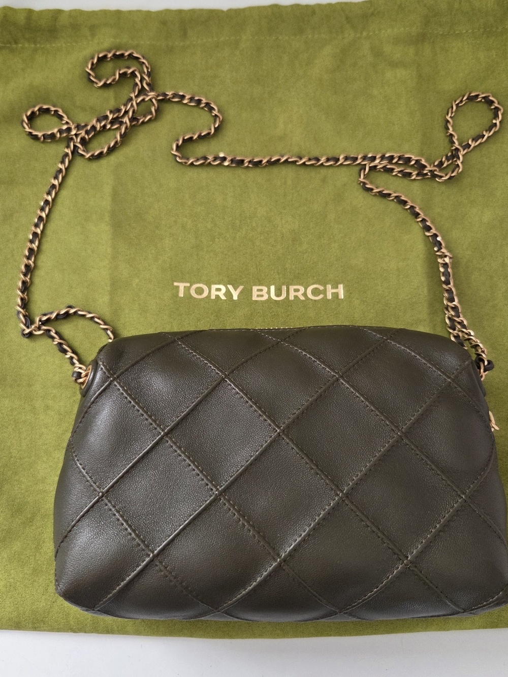 Tory Burch Fleming Soft Quilted Leather Crossbody Bag in Dark Olive Green